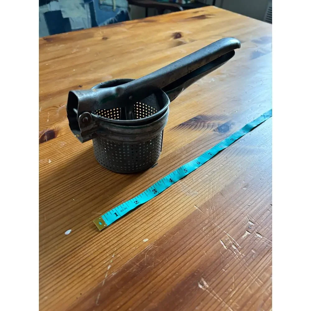 Vintage 1950s Metal Potato Ricer Green Handle Mid Century Modern Kitchen Tool